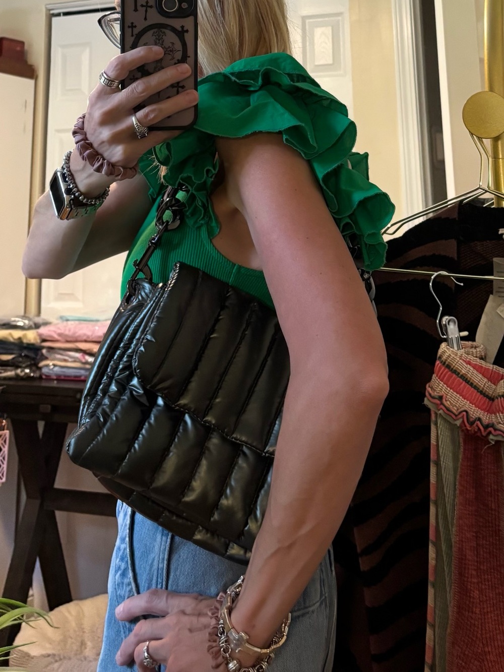 Think Royln Puffer Handbag Olive Green Gunmetal chain - Picture 7 of 7